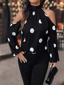 SHEIN PETITE Petite Women's Classic Polka Dot Off-Shoulder Casual Long Sleeve Shirt - Black - View 1