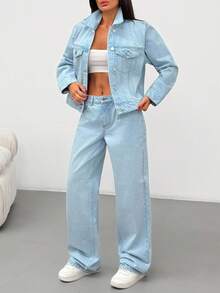 EURMUSE Single-Breasted Casual Denim Jacket And Jeans Set Denim Jacket And Jeans Set Women Blue 2 Piece Set Women Womens Light Blue Denim Set 2 Piece Denim Set Women Jean 2 Piece Set - Light Wash - View 8