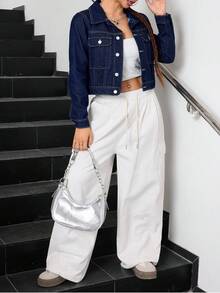 SHEIN 少女深蓝色牛仔翻领长袖短款夹克 - 深色水洗藍 - 查看 5