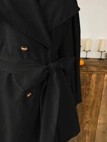 Comfortcana Plus Size Black Lapel Button Tie Casual Minimalist Windbreaker French Style Clothes In Fall/Winter
