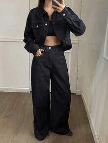 DAZY Women's Denim Jacket With Collar And Loose Straight Leg Jeans Set, Casual Y2k - Dark Wash - View 1