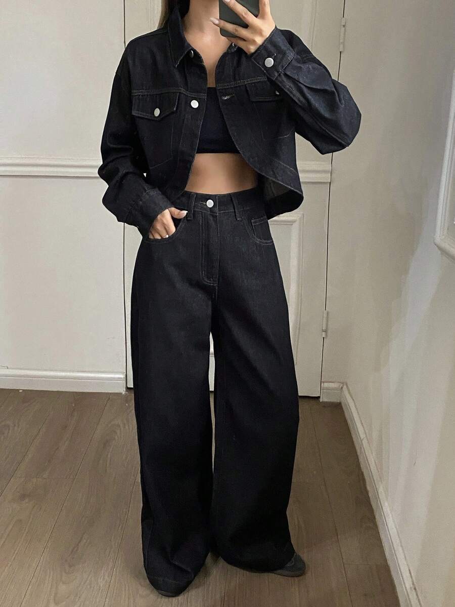 DAZY Women's Denim Jacket With Collar And Loose Straight Leg Jeans Set, Casual Y2k - Dark Wash - View 1