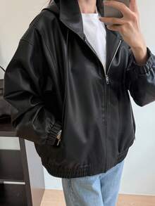 DAZY Women's Versatile Hooded PU Leather Jacket, Casual Loose Elastic Waist Leather Coat Winter