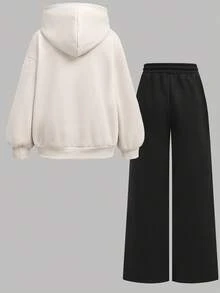 Girlism Teen Girl Autumn/Winter Letter Print Drop Shoulder Long Sleeve Hoodie With Pocket And Wide Leg Pants Casual Suit, Suitable For Sports, Business Casual Fall - Multicolor - View 3