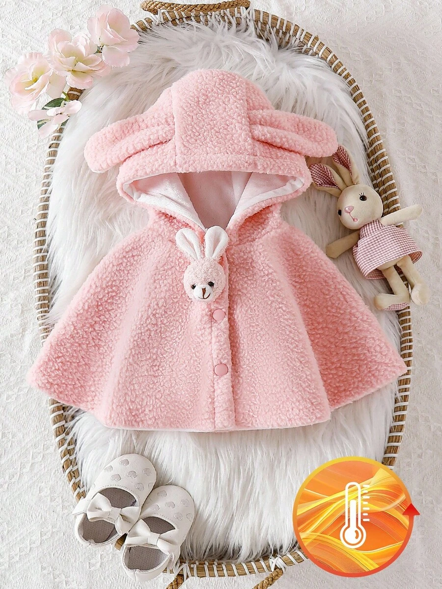 SHEIN 女宝宝兔耳连帽斗篷外套（带帽子），时尚百搭，秋冬