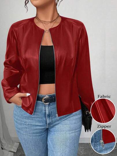 SHEIN PETITE CURVE Plus Size Women's Classic Versatile PU Leather Jacket, Petite Series