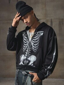 AXEPEAK 男式撞色印花连帽长袖运动衫，秋冬 - 黑色 - 查看 5