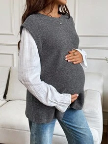 SHEIN 孕妇圆领长袖宽松休闲T恤 - 灰色 - 查看 5
