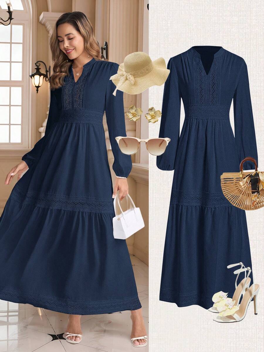 Gownix Women's Woven Jacquard Texture Spring Style Deep V-Neck Solid Color Ruffle Hem Lace Trim Summer Dress - Navy Blue - View 1