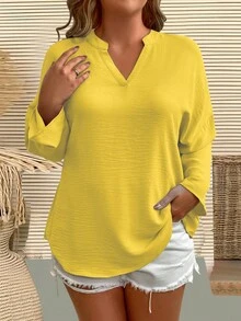 EMERY ROSE Áo sơ mi dài tay cổ chữ V màu trơn cỡ lớn dành cho nữ - Màu vàng - Xem 5