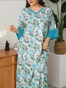 Al Najma Plus Size Women Floral Print V-Neck Arabic Style Dress