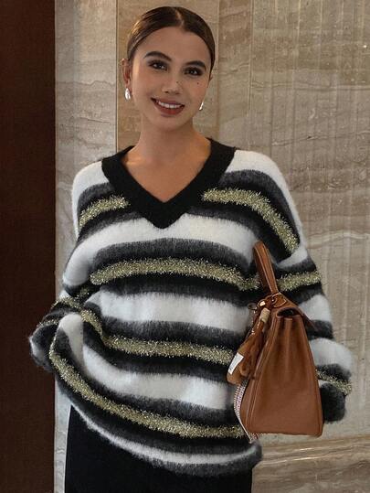 DAZY Contrast Stripe Lurex Fuzzy Loose V-Neck Long Sleeve Casual Street Style Knit Sweater For Women, Autumn/Winter