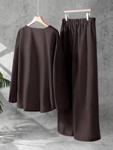 EMERY ROSE 大码纯色简约日常系带长袖上衣和裤子两件套 - 咖啡棕 - 查看 2