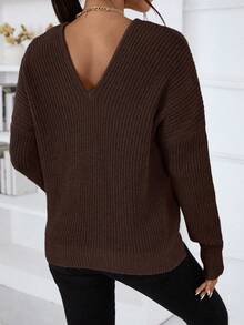 EMERY ROSE Women's Casual V-Neck Dropped Shoulder Long Sleeve Loose Pullover Sweater, Autumn - Coffee Brown - View 2