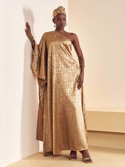 Zivah 20  Autumn New Arrival Music Festival, Easter, St. Patrick's Day, Western, Nomadic, Birthday Party, Graduation, College Style, Student, Daily Casual, Basic Versatile, Leisure, Cruise Travel, Beach, Sunbathing, Viral , Streetwear, Wedding Guest Boho, Commute, Brunch, Airport, Elegant Asymmetric Long Sleeve Maxi Gold Dress, Satin Floral Print Gold Dress With Headscarf