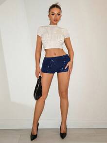 SHEIN BAE Women's Black Sequin Embellished Super Mini Shorts, Shiny Sparkly Shorts For Summer, Suitable For Concerts, Country Concerts, Sexy Outfits, Clubs, Streetwear