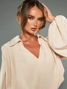 MISSGUIDED Oversized Satin Blouse With Puff Sleeves And V Neck For Spring Summer Fall Office Business Casual Elegant - Khaki - View 5