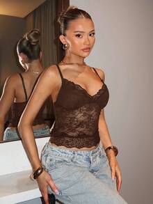 SHEIN BAE Solid Color Lace Sexy Fitted Cropped Camisole Top For Women