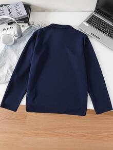 SHEIN 青少年男孩长袖 Polo 衫，海军蓝，撞色字母印花，休闲，舒适，百搭，面料柔软，适合日常穿着、上学、郊游、户外活动、正式场合、派对、秋冬、返校 - 藍色 - 查看 3