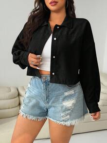 Solflare 大码女式黑色落肩长袖单排扣休闲夹克，秋冬 - 黑色 - 查看 4