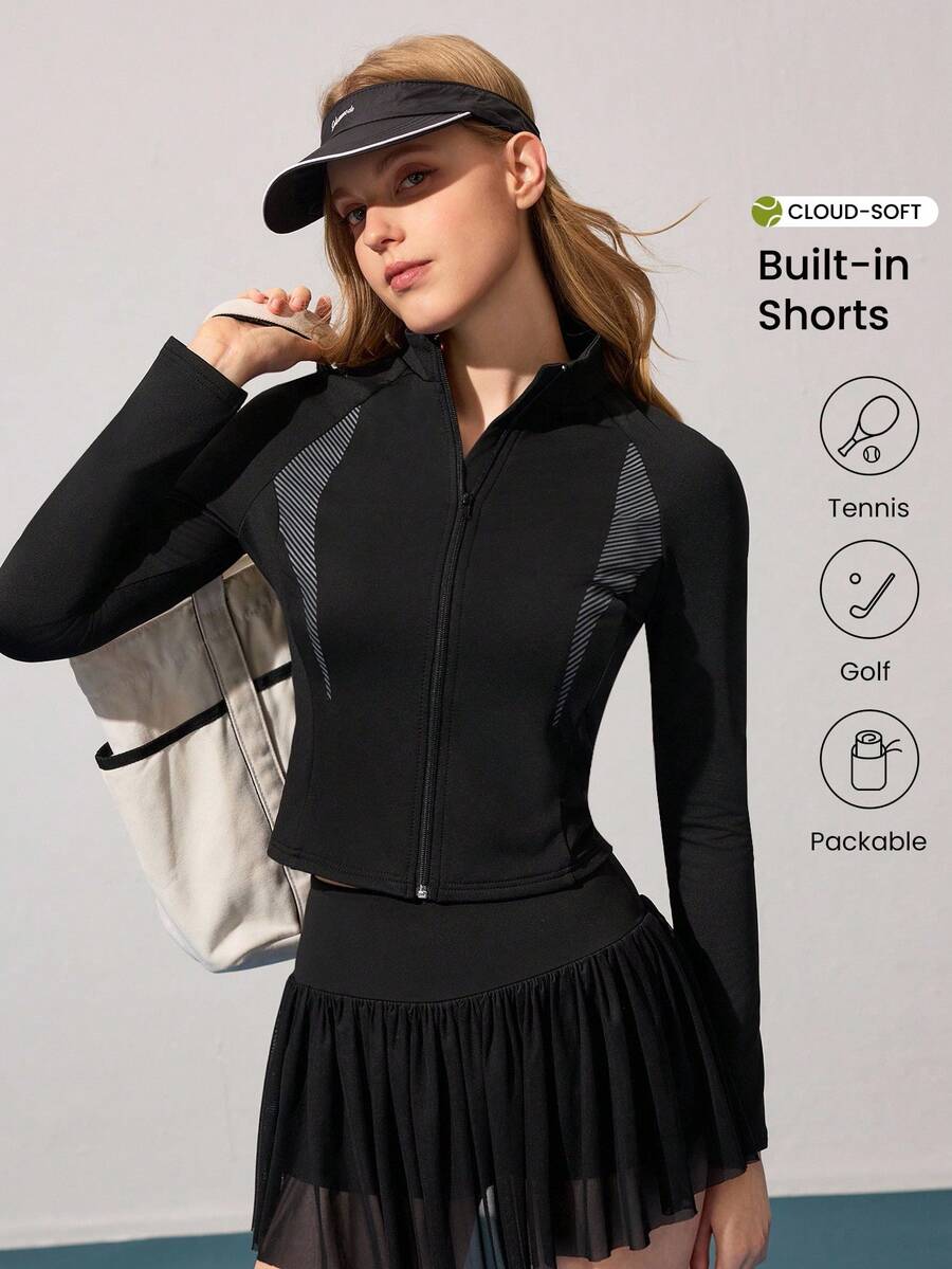 CourtClass 休闲百搭撞色条纹立领运动夹克 - 黑色 - 查看 1