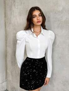 SHEIN Unity 女式修身羊腿袖衬衫，纯色，长袖上衣 - 白色 - 查看 3