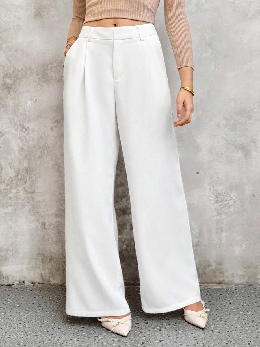 SHEIN Unity Pantalones anchos casuales con pliegues, cintura alta y bolsillos, unicolor, para mujeres - Blanco - Ver 1