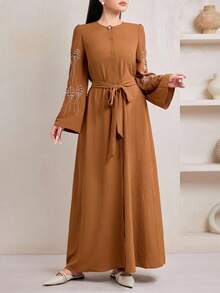 Veilorie Women's Solid Color Round Neck Flare Sleeve Front Button Casual Arabic Style Dress