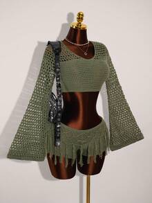 Amplova Bộ 2 món áo len tay loe khoét lỗ màu trơn gợi cảm siêu ngắn có tua rua trang trí thời trang nữ - xanh quân đội - Xem 5