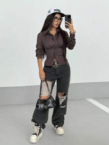 StreetHx Women's Retro Striped Fitted Shirt, Brown Blouse,Autumn Clothes For Women - Brown - View 5