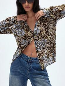 Aveloria GENKIRA Leopard Print & Floral Chiffon Long Sleeve Blouse For Women - Multicolor - View 3