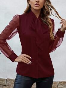 EMERY ROSE 对比色波尔卡圆点网眼系带衬衫女式衬衫 - 酒紅色 - 查看 6