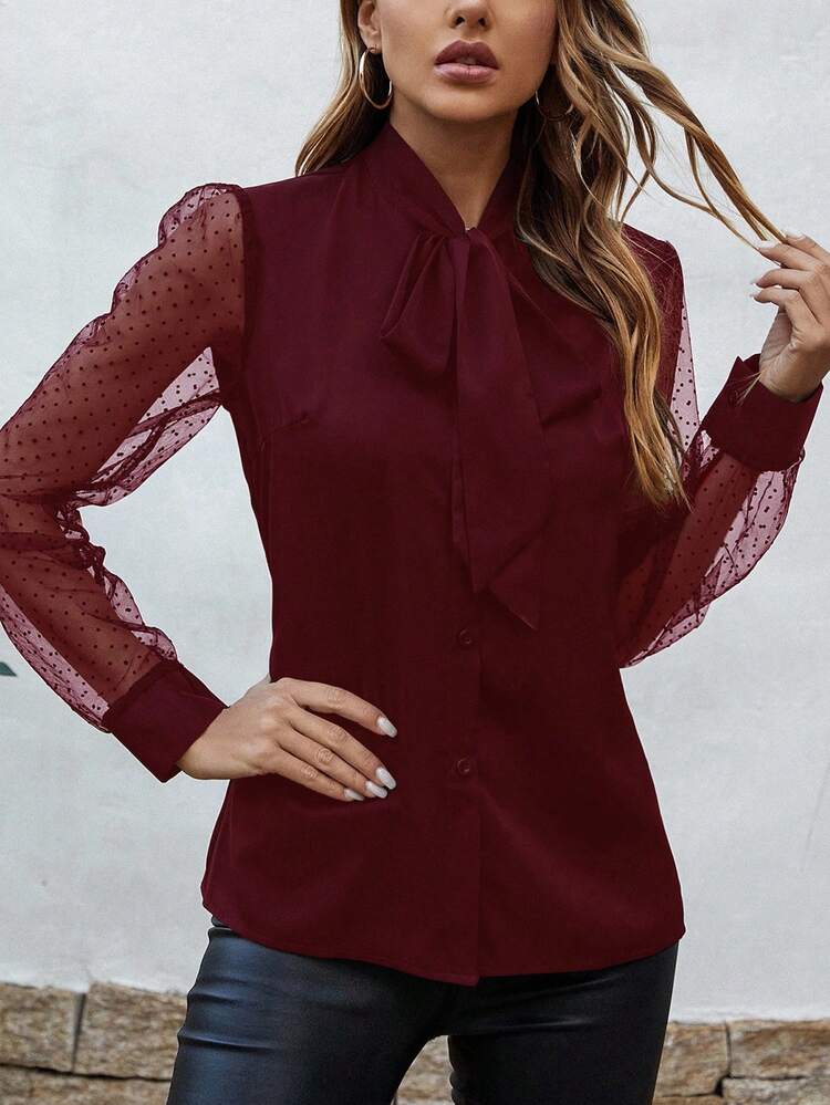 EMERY ROSE 对比色波尔卡圆点网眼系带衬衫女式衬衫 - 酒紅色 - 查看 6