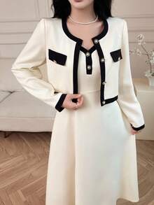 DAZY Women's Elegant Color Block Cardigan Dress Two Pieces Set, Autumn - Beige - View 5