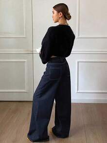 Livesso Women's Solid Color Wide Leg Loose Cargo Pocket Casual Jeans