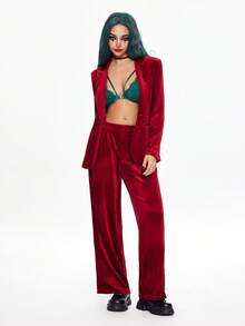 ROMWE Conjunto de traje de mujer de terciopelo burdeos (top de manga larga y pantalones sueltos, conjunto de 2 piezas) - Rojo - Ver 1