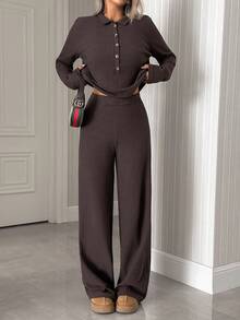 EURMUSE Women 2 Pieces Casual Long Sleeve Top And Pants Set - Brown - View 5