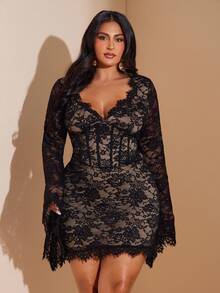 SHEIN BAE Plus Size Women's Lace Patchwork Mini Dress, Elegant Long Sleeve Bandeau Party Dresses, Olive Green, Autumn, Wedding Guest Outfits, Formal Curve Fall - Black - View 6