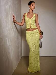 SHEIN BAE 女士优雅水晶装饰黄色露脐上衣，水钻上衣，夜店上衣，派对上衣 - 黃色 - 查看 3