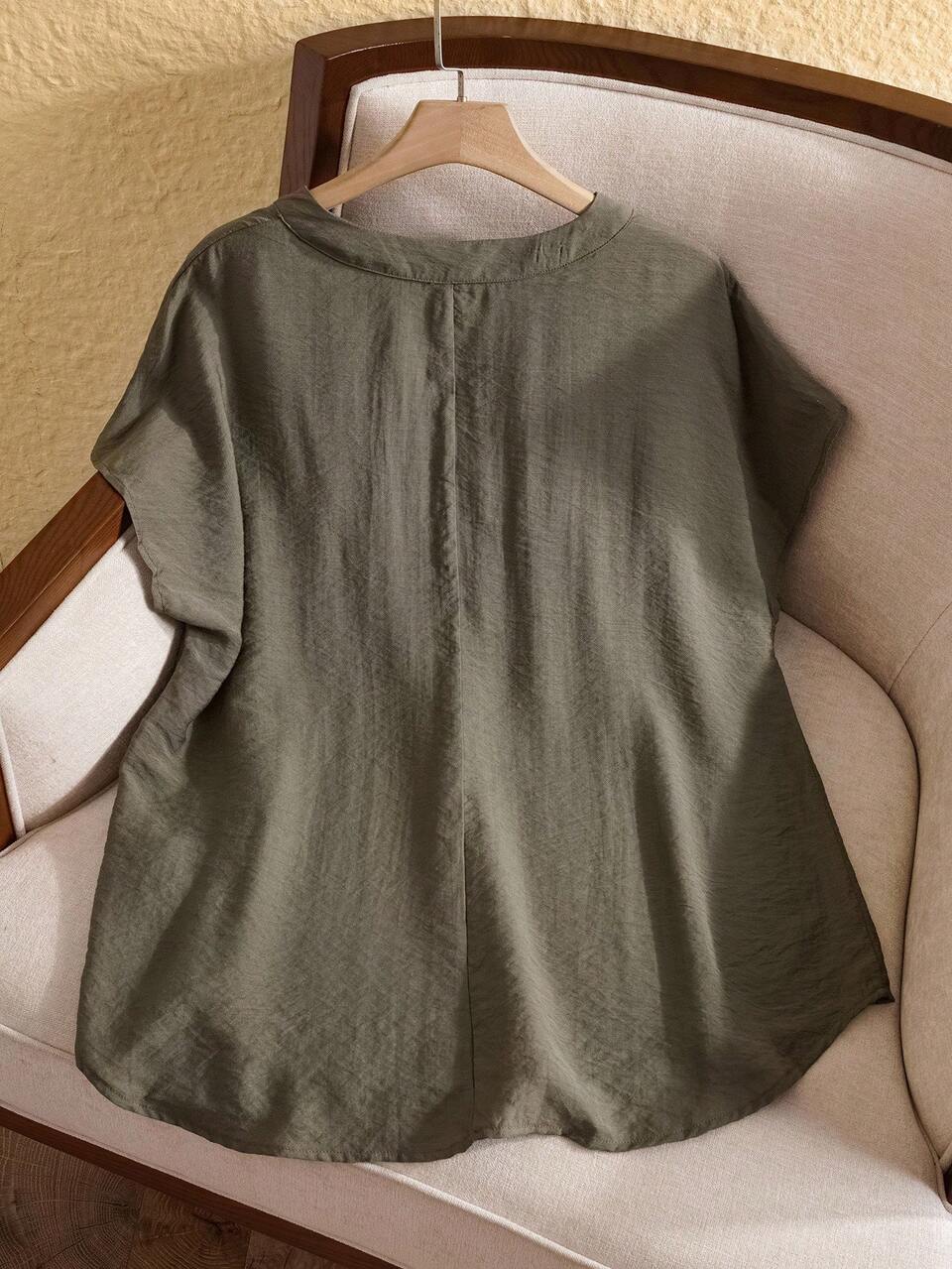 Plus Size V-Neck Batwing Short Sleeve Solid Casual Blouse, Summer , Vacation Woman , Vacation, Boho Women , Spring