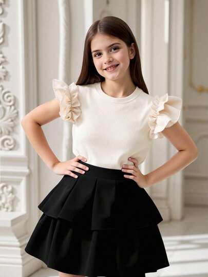 SHEIN Tween 女童杏色荷叶边肩部装饰盖袖紧身 T 恤，春夏