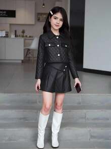 SHEIN Tween Girl Flap Detail Quilted Jacket & Skirt - Black - View 1