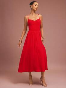 L'Amorae 女士修身喇叭中长连衣裙德比装 - 紅色 - 查看 4