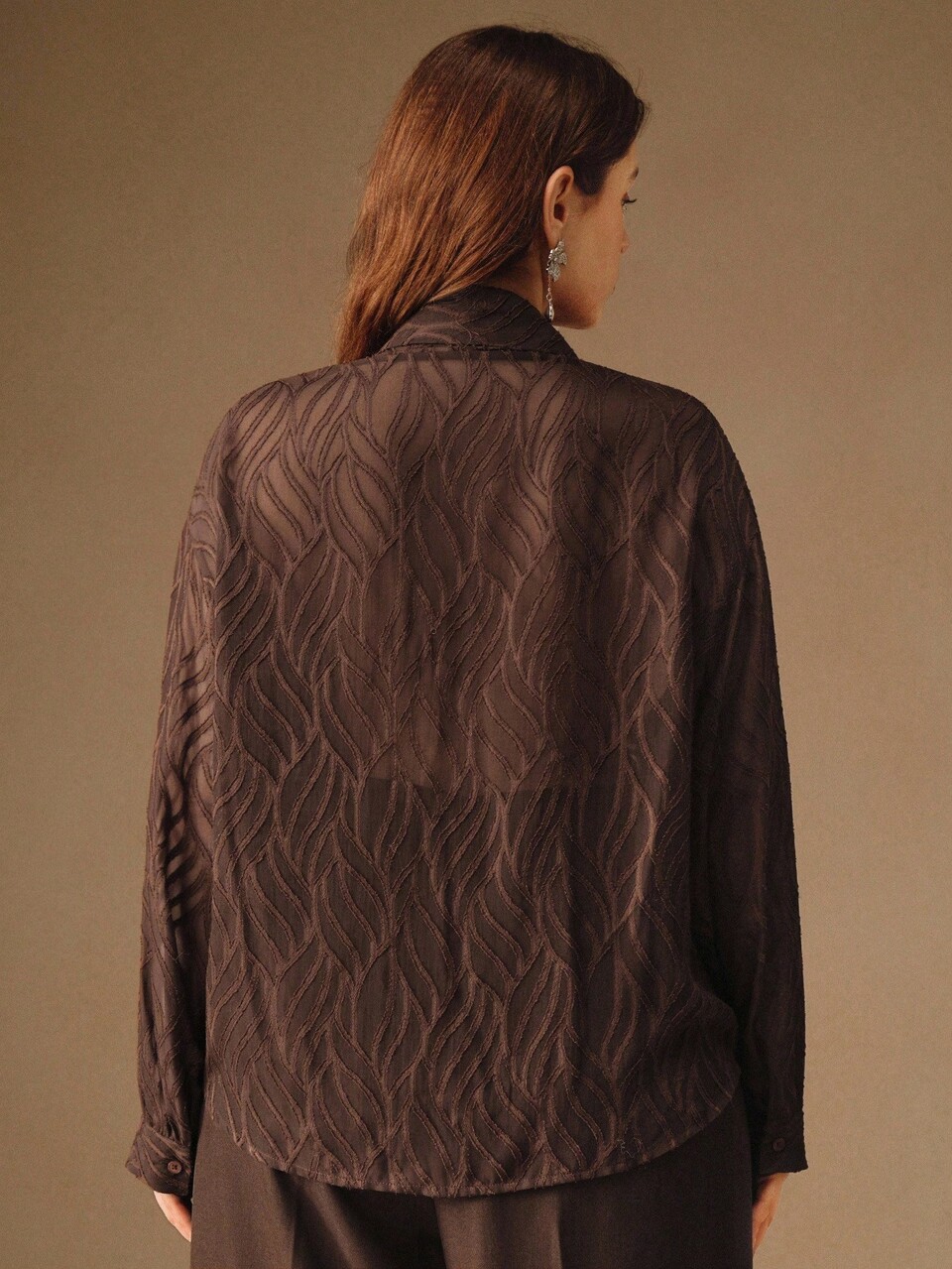 Plus Size Women Casual Long Sleeve Embroidered Sheer Textured Blouse, French Vintage Style Fall