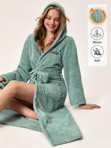 Loomlin RueChic Women Jacquard Plush Fabric Pocket And Hoodie Detail Letter Embroidery Detail Homewar Robe Sleep Robe Women Women Loungewear Robe With Hood - Mint Green - View 1