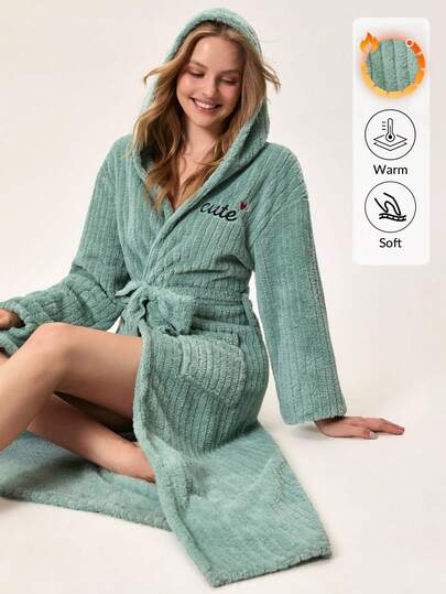 Loomlin RueChic Women Jacquard Plush Fabric Pocket And Hoodie Detail Letter Embroidery Detail Homewar Robe Sleep Robe Women Women Loungewear Robe With Hood