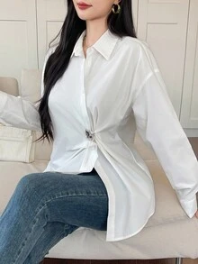 DAZY Blouse vintage décontractée à manches longues, col oblique avec boutons métalliques, coupe ample, pour femmes, automne/hiver - Blanc - Voir 5