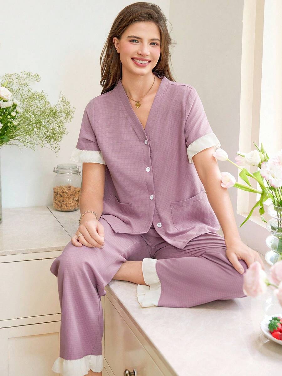 Snug Reverie Women Summer Contrast Color Ruffle V-Neck Cardigan Shirt And Pants Sleepwear Set - Mauve Purple - View 1