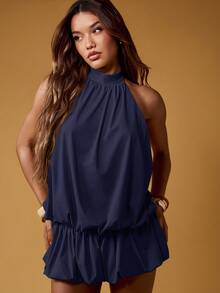 MISSGUIDED Vestido corto elegante sin espalda con cuello halter, volantes y dobladillo abullonado para fiestas de verano y eventos - Azul Marino - Ver 7