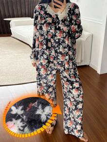 DAZY Ensemble de pyjama pour femmes avec imprimé floral, garniture en dentelle et manches bouffantes en polaire. Vêtements d'automne et d'hiver - Noir - Voir 3